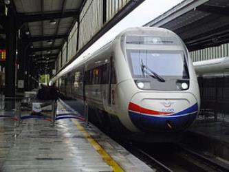 TCDD's premier high-speed rail service, Yüksek Hızlı Tren, waiting to depart Ankara. TCDD's premier high-speed rail service, Yüksek Hızlı Tren, waiting to depart Ankara.