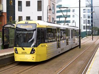 Bombardier M5000 at Exchange Quay tram stop Bombardier M5000 at Exchange Quay tram stop