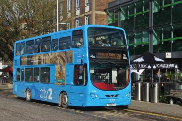 Hybrid electric bus in the pale blue livery is specific to the City2 route Hybrid electric bus in the pale blue livery is specific to the City2 route