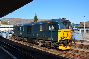 Class 73 Electro-diesel in Caledonian Sleeper livery at Fort William Station Class 73 Electro-diesel in Caledonian Sleeper livery at Fort William Station