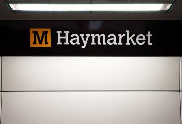 Haymarket Station with corporate branding