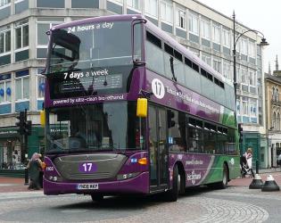 Ethanol double decker bus in purple livery