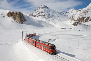 RhB train approaching the Bernina Pass.