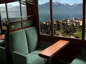 View over Montreux and Lake Geneva from inside the "Classic train"